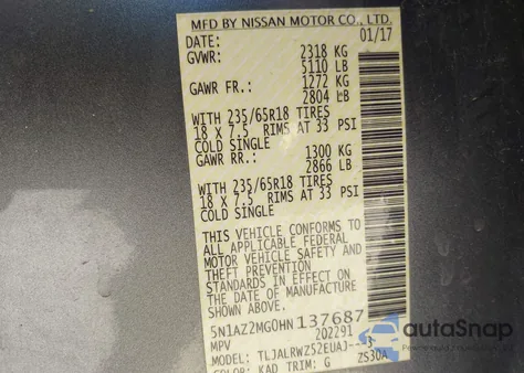 2017 Nissan Murano Sl z USA, uszkodzony, nr VIN 5N1AZ2MG0HN137687